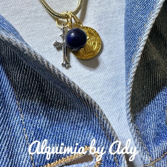 Gold and Blue Charm Necklace with Cross and Coin - Picture 2 of 2